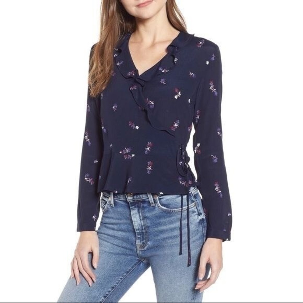 Rails Womens Floral Print Blouse XS Navy Ruffle Trim Long Sleeve Wrap Peplum Top